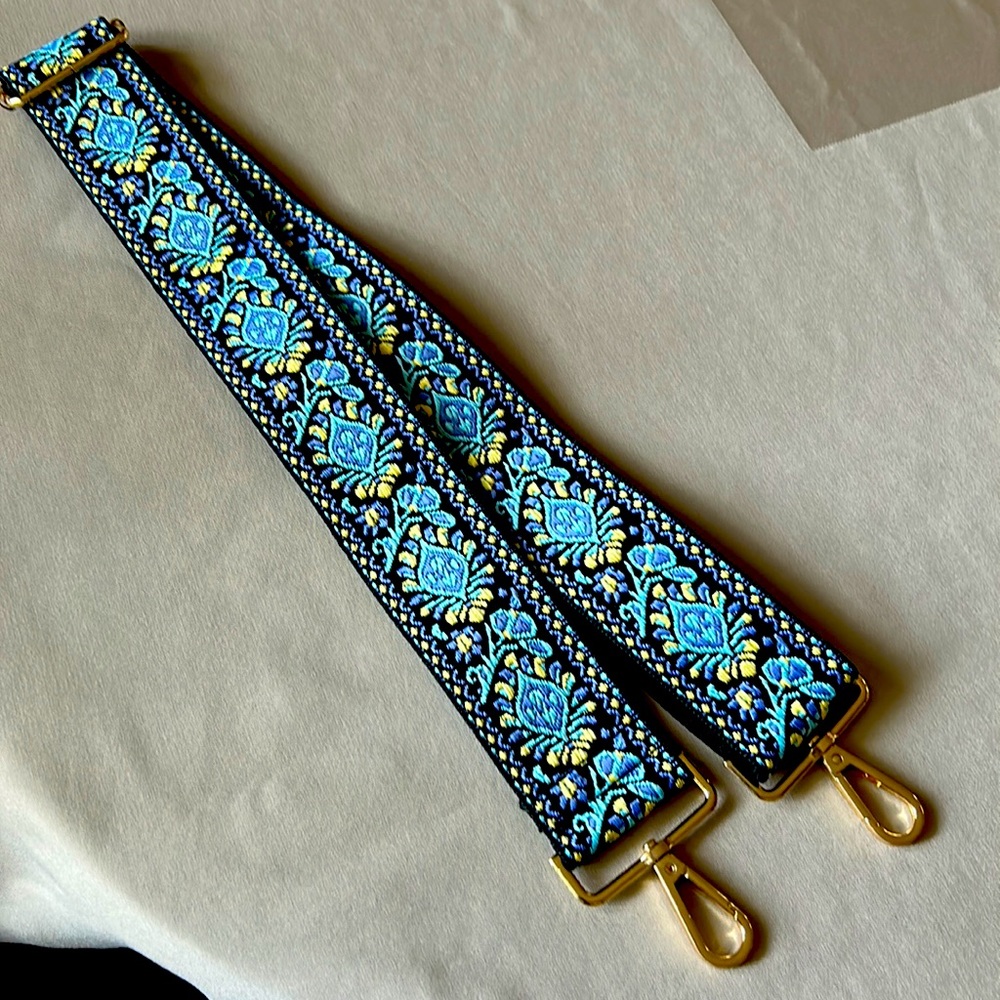 Blue Embroidered Shoulder Strap with Gold Hardware
